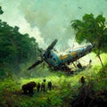 Plane crash in green forest digital art oil painting