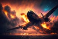 plane crash in the sky. burning vehicle.