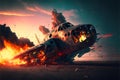 plane crash in the sky. burning vehicle.