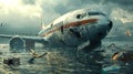 The plane crash. There is a crashed plane in the water, and debris and various debris are floating around it. The scene is chaotic Royalty Free Stock Photo