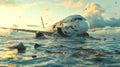 The plane crashed into the ocean. The plane crash. The plane is in the water, surrounded by debris. Royalty Free Stock Photo