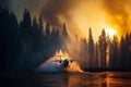 Plane drops water on a forest fire. Fighting a forest fire with an airplane Royalty Free Stock Photo