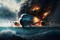 Plane on fire makes a forced landing in the sea, illustration generated by AI