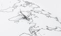 Plane flies above white paper map of the world travel background. Travel and wanderlust concept. 3D illustration rendering Royalty Free Stock Photo