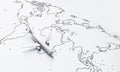 Plane flies above white paper map of the world travel background. Travel and wanderlust concept. 3D illustration rendering Royalty Free Stock Photo