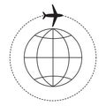 The plane flies along a trajectory. Planet earth with plane around. Vector flat illustration isolated on a white background. Royalty Free Stock Photo