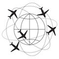 the plane flies along a trajectory. Planet earth with planes around. Royalty Free Stock Photo