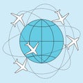 The plane flies along a trajectory. Planet earth with planes around. Vector flat illustration on a blue sky background. Royalty Free Stock Photo