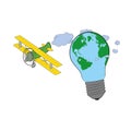 The plane flies around the light bulb in the form of the Earth. vector illustration. Royalty Free Stock Photo