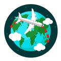 Plane flies around the planet earth on a white background. Logotype Royalty Free Stock Photo