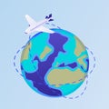 Plane flies around world illustration. White passenger airliner runs around entire planet.