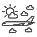 Plane flies in the clouds line icon, airlines concept, plane in clouds vector sign on white background, plane, clouds Royalty Free Stock Photo