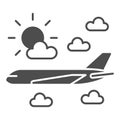 Plane flies in the clouds solid icon, airlines concept, plane in clouds vector sign on white background, plane, clouds Royalty Free Stock Photo