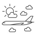 Plane flies in the clouds thin line icon, airlines concept, plane in clouds vector sign on white background, plane Royalty Free Stock Photo