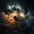 plane flies high in the sky in dark thunderclouds, lightning around, danger, risk, fear