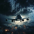 The plane flies high in the sky in dark thunderclouds, lightning around, danger, risk, fear