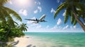 The plane flies over the amazing landscape of the ocean with a tropical island Royalty Free Stock Photo