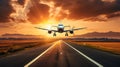 Energetic Sunset Landing: Airplane On Asphalt Road Stock Photo Royalty Free Stock Photo