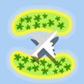 Plane flies over Islands with palm trees. Air flight on vacation to South. Stay at resort with beach and the sea