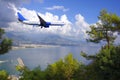 The plane flies over the Mediterranean Sea over the Turkish resort towns. Royalty Free Stock Photo