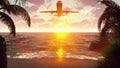 The plane flies over a tropical island on the background of a beautiful sunset. 3D Rendering Royalty Free Stock Photo