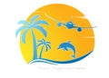 Plane flies over a wave with a dolphin and palm trees on the background of the sunset. Vector illustration for logo, emblem,