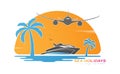 Plane flies over a wave with a yacht and palm trees on the background of the sunset. Vector illustration for logo, emblem, sticker Royalty Free Stock Photo