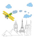 The plane flies over the world`s sights. concept of travel. vector illustration.