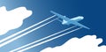 Plane flight. Aircraft fly. Airport line art. Blue sky clouds. Speed jet with passengers. Aviation charter