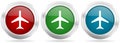 Plane, flight, airplane vector icon set. Red, blue and green silver metallic web buttons with chrome border