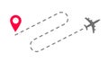 Plane flight way path trace or track airplane route destination vector flat cartoon illustration, dashed line of fly