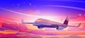 Plane fly in morning sky with pink fluffy clouds Royalty Free Stock Photo