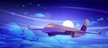 Plane fly in night sky with clouds and full moon Royalty Free Stock Photo