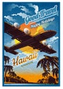 Plane fly over the tropical island with palms and bungalow, in sunset, against the sun, view from the bottom. Vector vintage illus