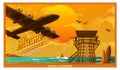 Plane fly over the tropical island with palms and bungalow, in sunset, against the sun, view from the bottom. Vector vintage