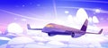 Plane fly in sky with white fluffy clouds and sun Royalty Free Stock Photo