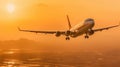 The plane fly toward the setting sun. Beautiful illustration picture. Generative AI Royalty Free Stock Photo