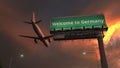 Plane flying above WELCOME TO GERMANY road sign in the evening, 3d rendering