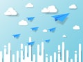 plane flying on blue sky with cloud and abstract background. illustration of business and leadership concept. nature landscape wit Royalty Free Stock Photo