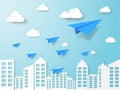 plane flying on blue sky with cloud and building. illustration of business and leadership concept. nature landscape with paper art Royalty Free Stock Photo