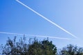 Plane flying high in the sky. clear blue sky with vapor trails background Royalty Free Stock Photo