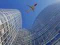 Plane flying over modern office glass skyscrapers Royalty Free Stock Photo