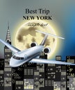 Plane flying over New York city at night Vector. Full moon and skyscrapers backgrounds Royalty Free Stock Photo