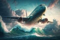 Plane flying over the ocean as it hits waves, the airplane sinking catastrophe,