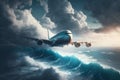 Plane flying over the ocean as it hits waves, the airplane sinking catastrophe,