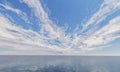 The plane is flying over the vast ocean with the beautiful sky and clouds in the background.3d rendering Royalty Free Stock Photo