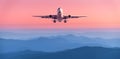 Plane is flying in pink sky at sunset. Passenger airplane Royalty Free Stock Photo