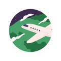 Plane flying in sky in clouds. Air travel, aviation concept. Circle icon with airplane. Aircraft flight. Passenger