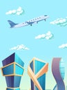 Plane flying in sky, among clouds, over buildings with skyscrapers Royalty Free Stock Photo