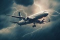 A plane flying in storm image 80k camera quality and lightning clouds generated by Ai